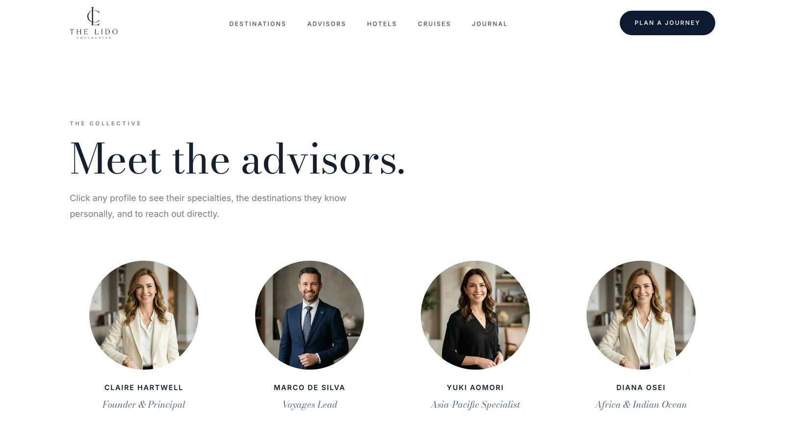 Advisor directory on The Lido Collective demo site, showing advisor portraits with names and specialties