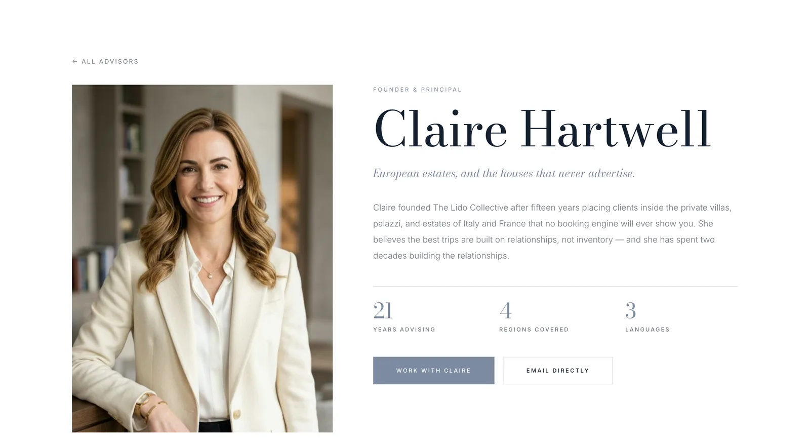 Advisor profile page on The Lido Collective demo site with portrait, bio, experience figures, and direct contact buttons