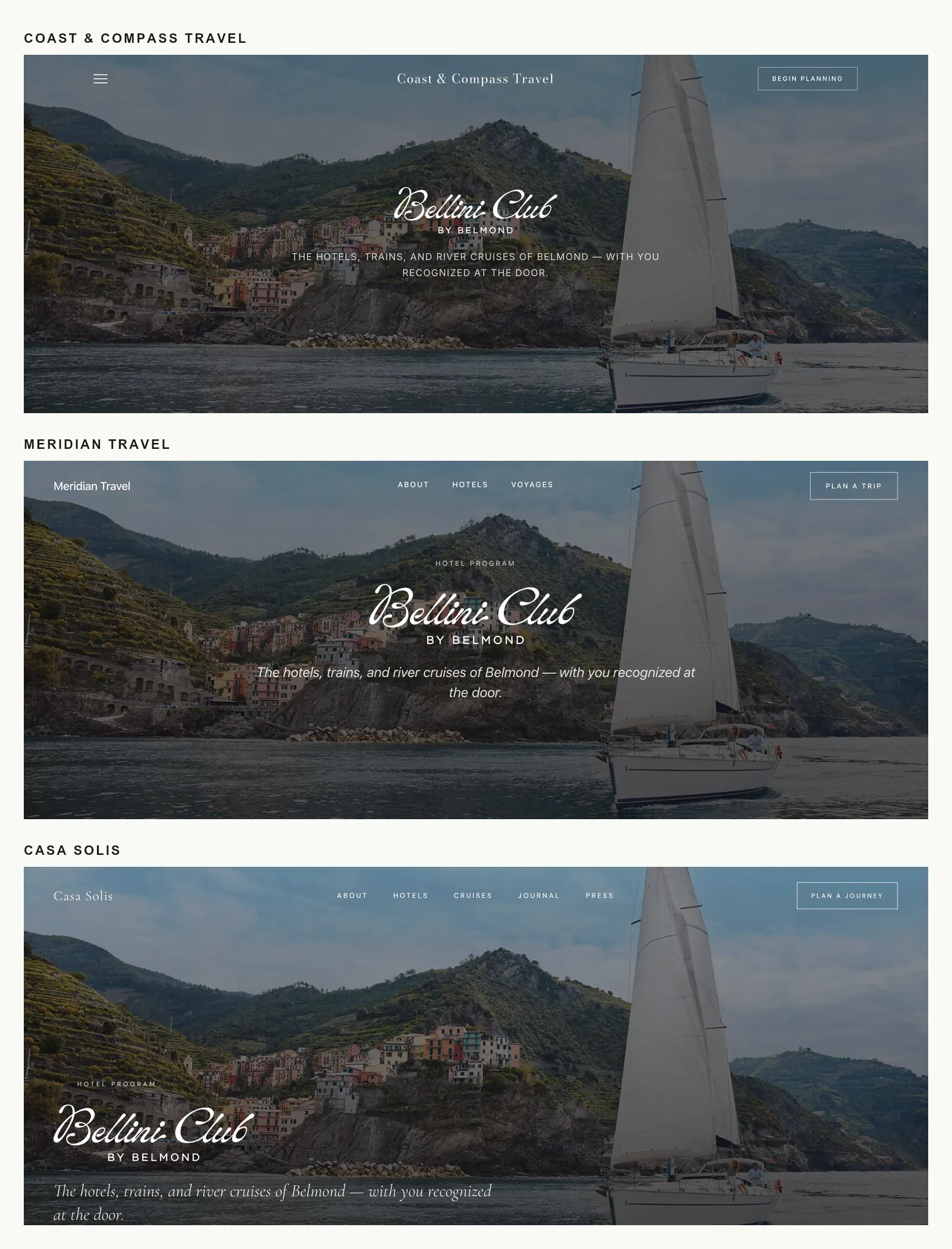 The same Belmond Bellini Club program page shown on three differently branded advisor sites: Coast & Compass Travel, Meridian Travel, and Casa Solis